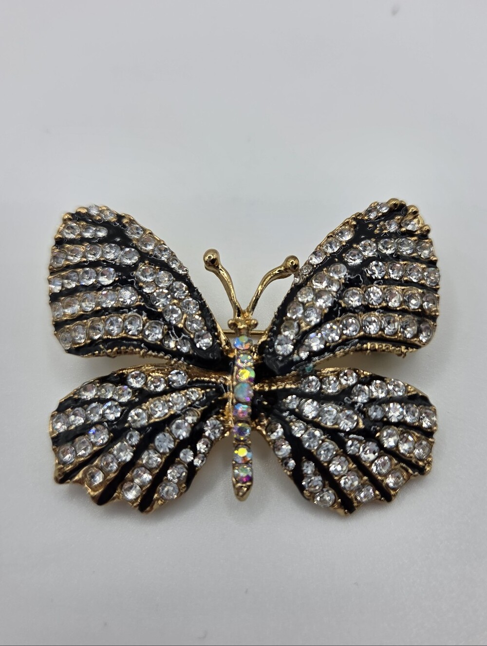 Gold Butterfly Brooch Black Enamel Iridescent Rhinestone Vintage Inspired New